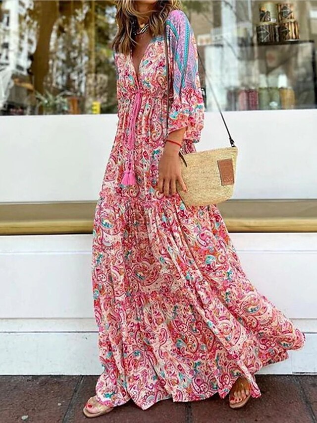 Women's Floral Ruched Print V Neck Maxi long Dress Daily 3/4 Length ...