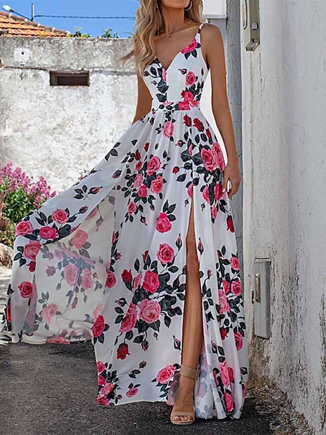 Womens Clothing Womens Dresses | Womens A Line Dress Maxi long Dress White Blue Yellow Wine Sleeveless Floral Backless Split Pri