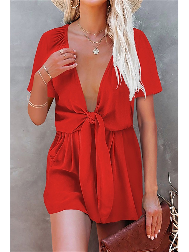 Womens Clothing Womens Jumpsuits & Rompers | Womens Romper Lace up Pocket Solid Color V Neck Casual Street Daily Regular Fit Sho