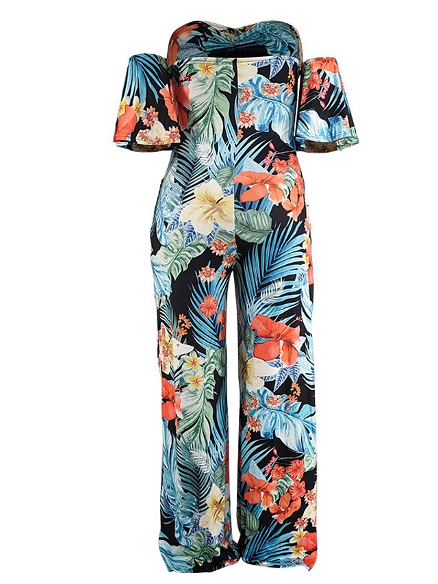 Womens Clothing Plus Size Collection | Womens Plus Size Jumpsuit Ruffle Print Floral Tropical Tropical Leaf Vacation Streetwear 