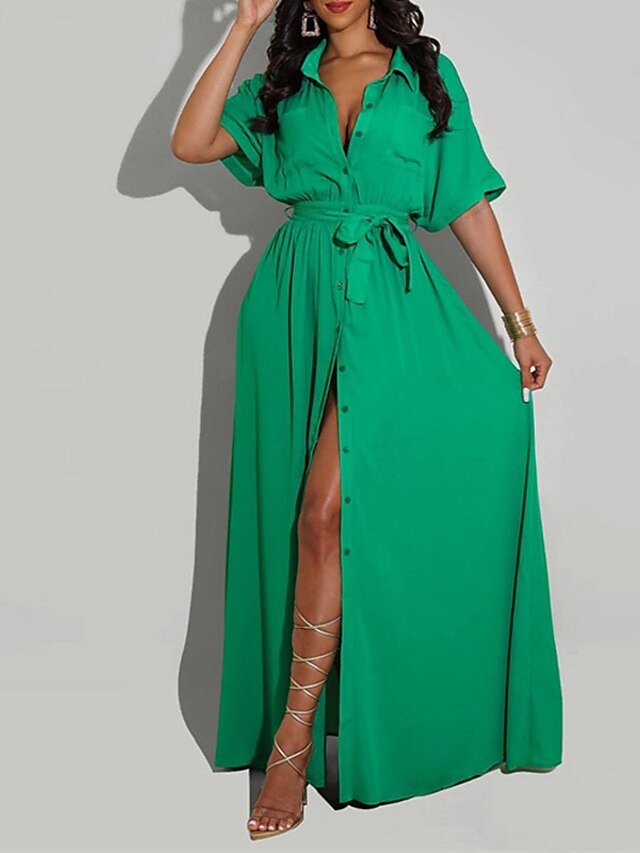 Womens Clothing Womens Dresses | Womens A Line Dress Maxi long Dress Green Half Sleeve Pure Color Split Lace up Pocket Spring Su