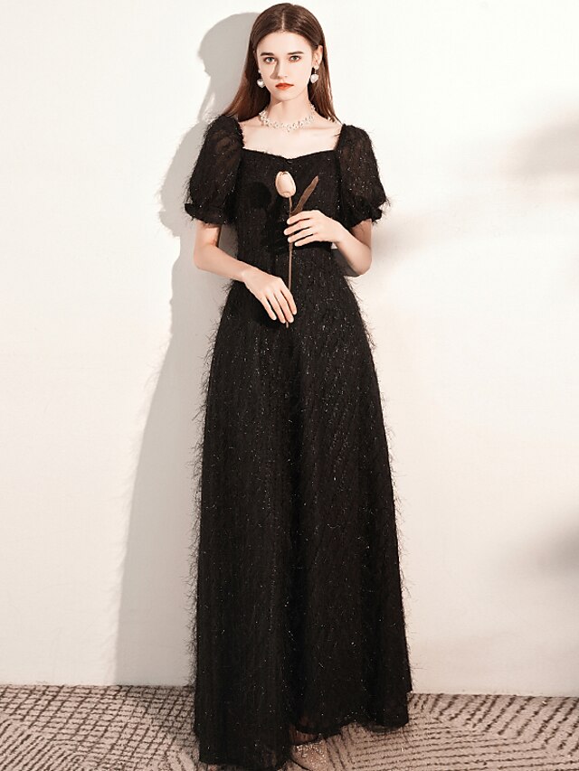  A-Linie Abendkleider Minimalistisch Kleid kleid hochzeitsgast Boden-Länge Kurzarm U-Ausschnitt Tüll mit Knöpfe Pure Farbe 2023