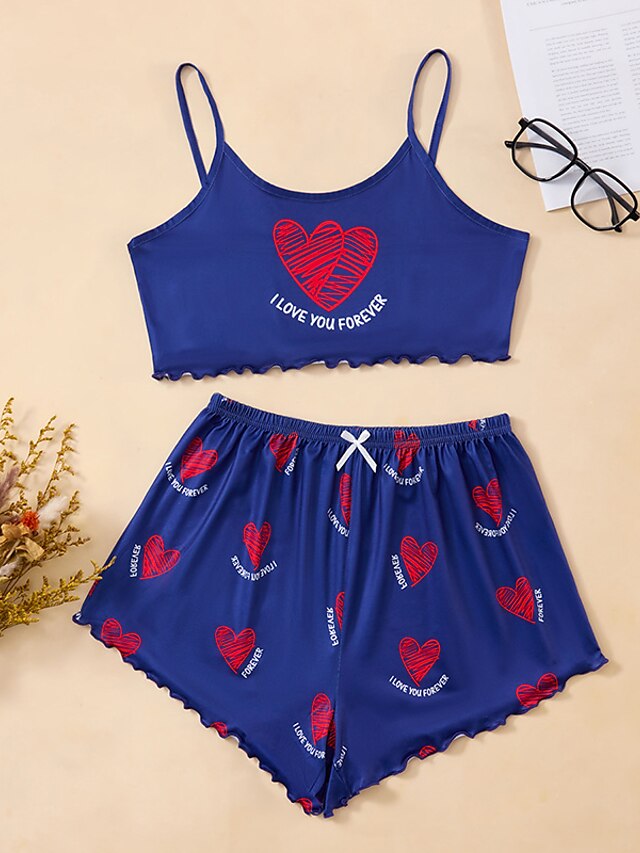 Womens Clothing Womens Sleep & Lounge | Womens Pajamas Sets Heart Letter Comfort Home Polyester Straps Sleeveless Shorts Backles