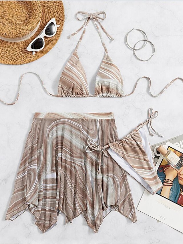 Womens Clothing Womens Swimwear | Womens Swimwear Bikini Three Piece Normal Swimsuit Backless 3-Piece Printing Striped Khaki Hal