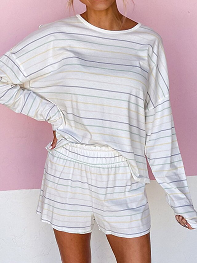 Womens Clothing Womens Sleep & Lounge | Womens Loungewear Sets Stripe Fashion Comfort Home Daily Polyester Crew Neck Long Sleeve