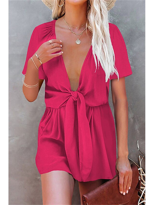 Womens Clothing Womens Jumpsuits & Rompers | Womens Romper Lace up Pocket Solid Color V Neck Casual Street Daily Regular Fit Sho