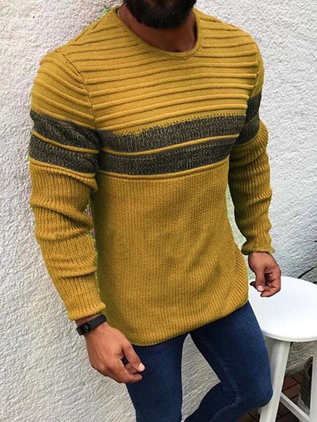  Men's Sweater Pullover Bishop Sleeve Color Block Round Neck Medium Fall & Winter Black White Yellow