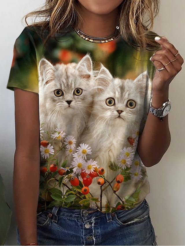 Womens Clothing Womens Tops | Womens Casual Weekend 3D Cat Painting T shirt Tee Cat 3D Short Sleeve Print Round Neck Basic Tops 