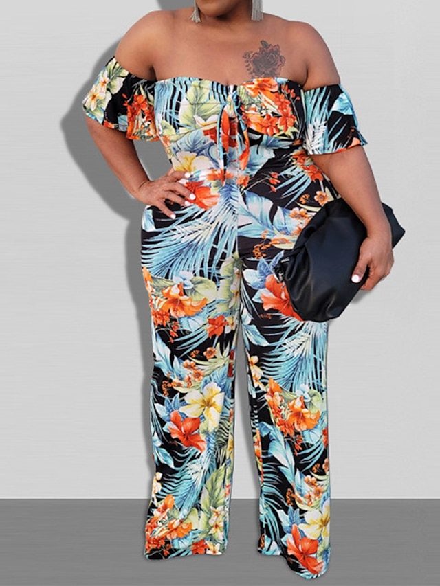 Womens Clothing Plus Size Collection | Womens Plus Size Jumpsuit Ruffle Print Floral Tropical Tropical Leaf Vacation Streetwear 