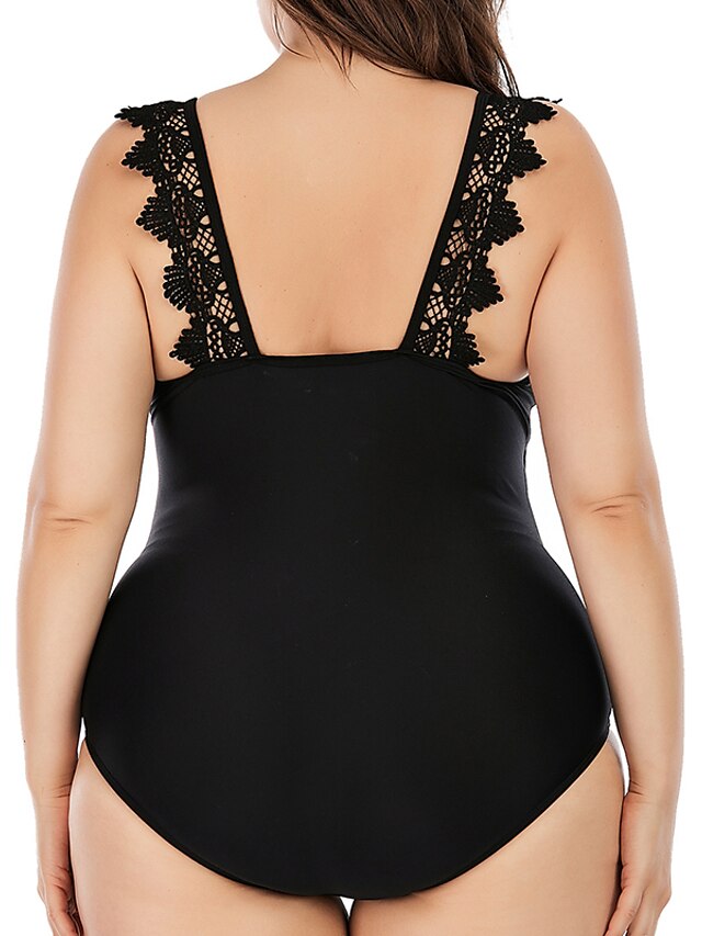 Womens Clothing Womens Swimwear | Womens Swimwear One Piece Monokini Bathing Suits Plus Size Swimsuit Lace Pure Color Black Scoo