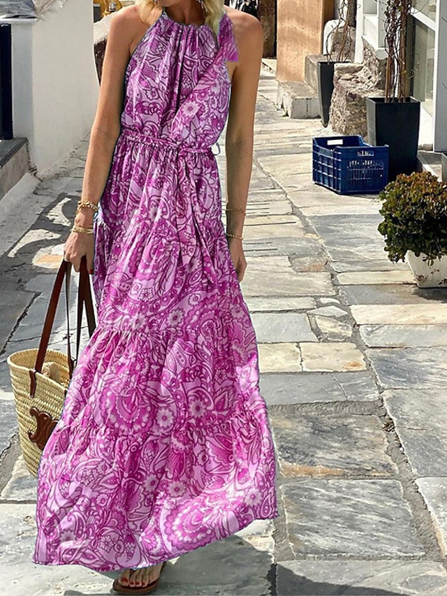 Womens Clothing Womens Dresses | Womens A Line Dress Maxi long Dress Green Blue Fuchsia Sleeveless Floral Color Gradient Backles