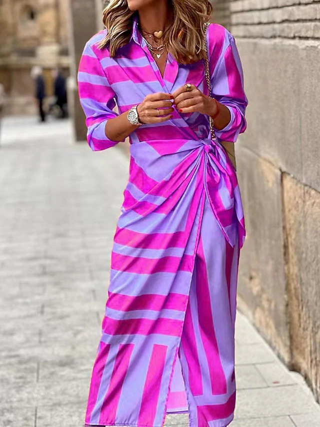 Women's Shirt Dress Bodycon Wrap Dress Maxi long Dress Outdoor Daily Fashion Boho Shirt Collar Ruched Split Long Sleeve Summer Fall Spring 2023 Regular Fit Purple Orange Green 18