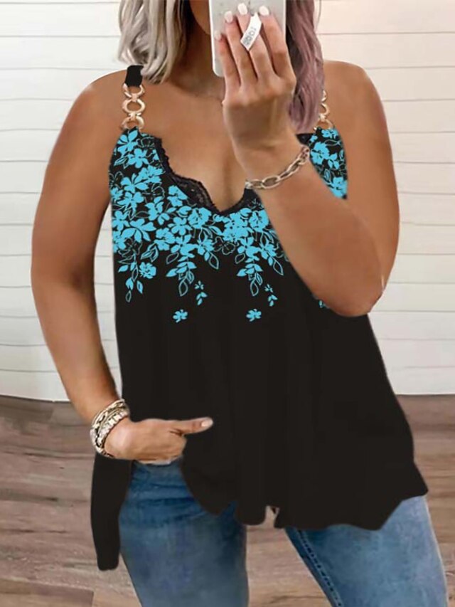 Womens Clothing Plus Size Collection | Womens Plus Size Tops T shirt Floral Lace Print Sleeveless V Neck Sexy Streetwear Daily V