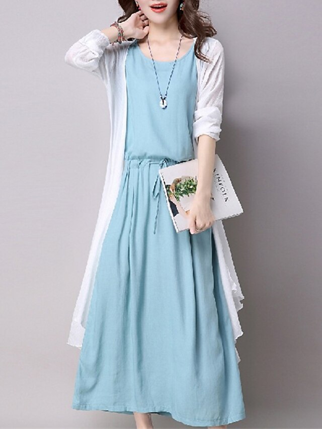 Womens Clothing Womens Dresses | Womens A Line Dress Maxi long Dress White Blue Long Sleeve Color Block Pocket Spring Summer Cre