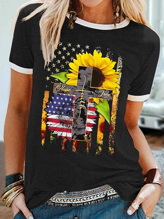 Womens Clothing Womens Tops | Womens Casual Weekend Independence Day Floral Painting T shirt Tee USA Sunflower Short Sleeve Prin