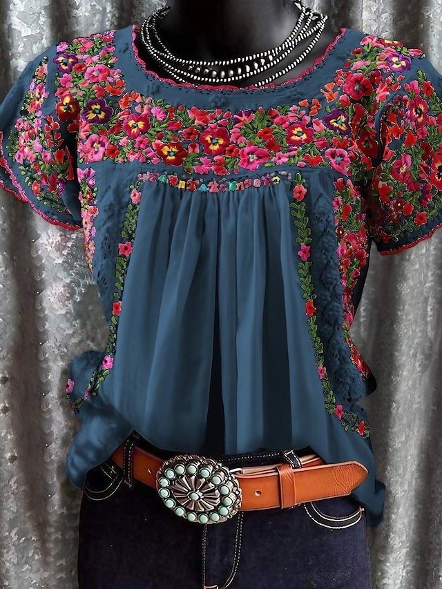  Damen T Shirt Blumen Bedruckt Festtage Wochenende Basic Kurzarm Rundhalsausschnitt Marineblau
