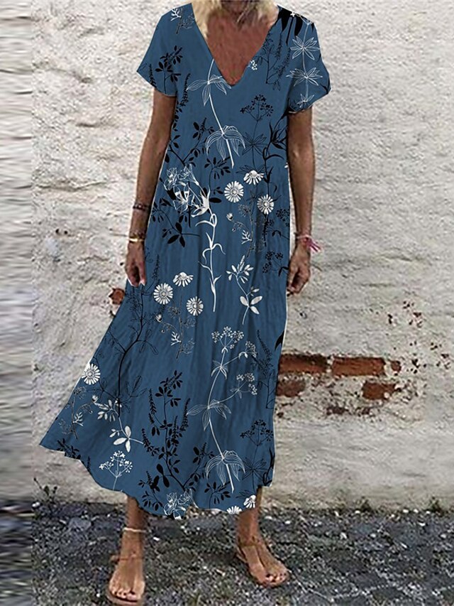 Womens Clothing Womens Dresses | Womens Shift Dress Maxi long Dress Blue Short Sleeve Floral Print Spring Summer V Neck Elegant 