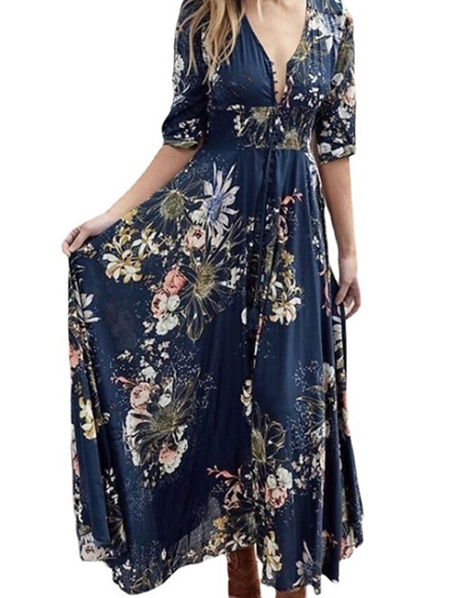 Womens Clothing Womens Dresses | Womens Swing Dress Maxi long Dress Blue Half Sleeve Floral Color Block Patchwork Print Spring S