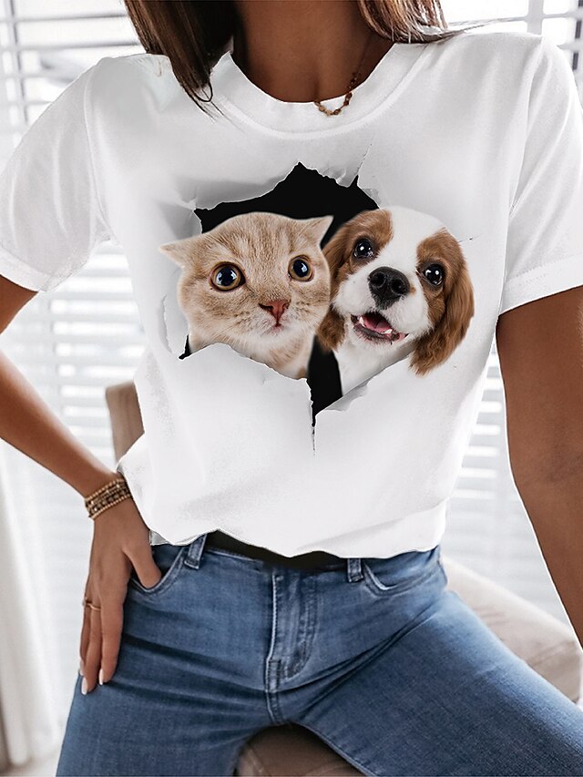  Women's T shirt Tee White Print Cat Dog Casual Weekend Short Sleeve Round Neck Basic Regular 3D Cat Painting S