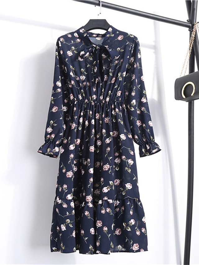 Womens Clothing Womens Dresses | Womens Chiffon Dress Knee Length Dress White Black Pink Yellow Wine Dark Blue Long Sleeve Flora