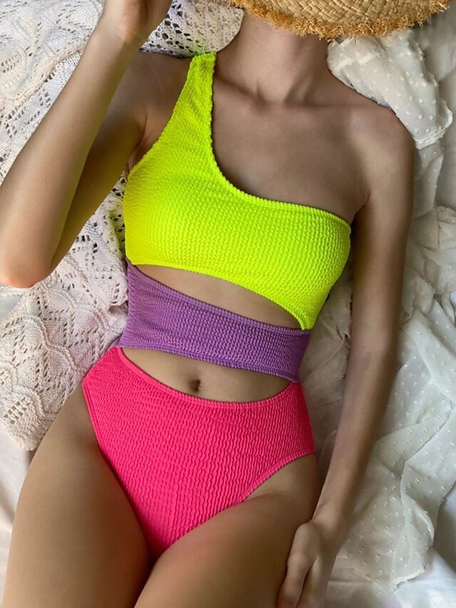 Womens Clothing Womens Swimwear | Womens Swimwear One Piece Monokini Bathing Suits Normal Swimsuit Backless Hole Color Block Pur