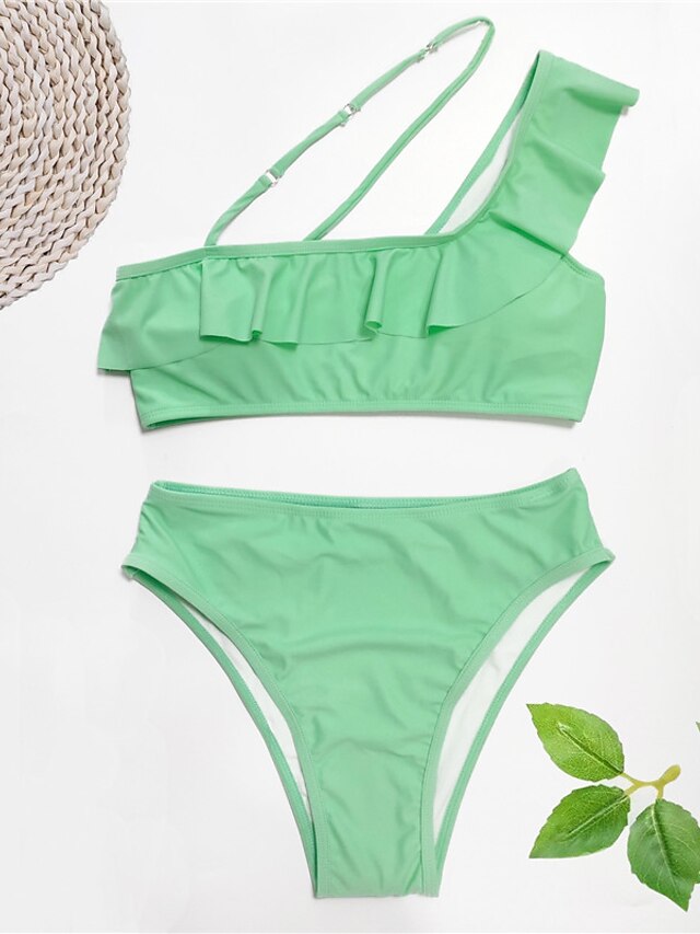 Womens Clothing Womens Swimwear | Womens Swimwear Bikini 2 Piece Normal Swimsuit Ruffle Open Back Pure Color Green White Black P