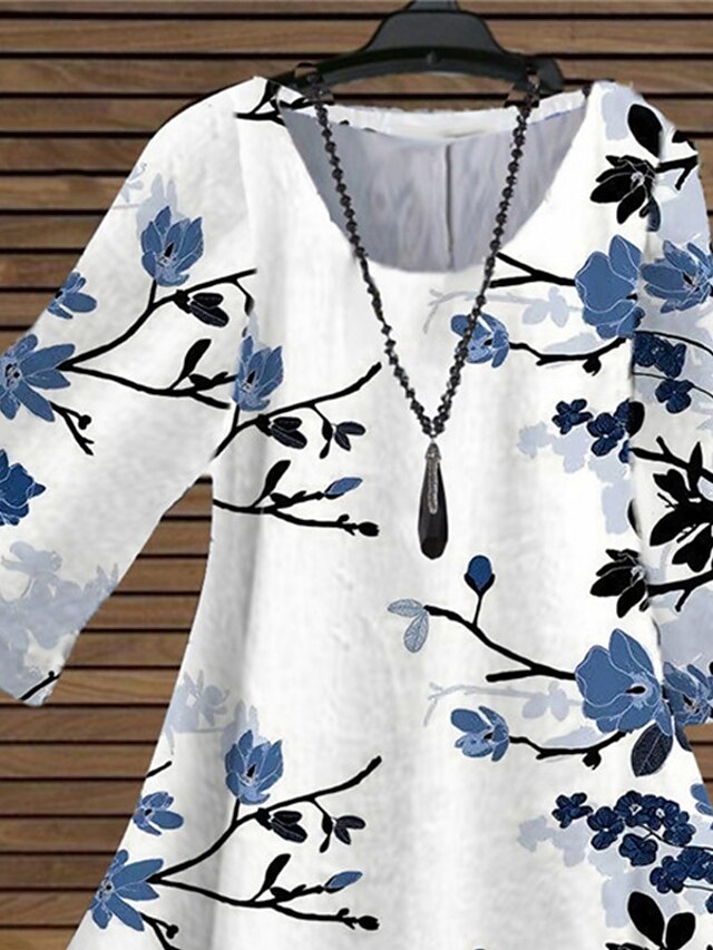 Womens Clothing Plus Size Collection | Womens Plus Size Tops Blouse Shirt Floral Print 3/4 Length Sleeve Crewneck Streetwear Dai