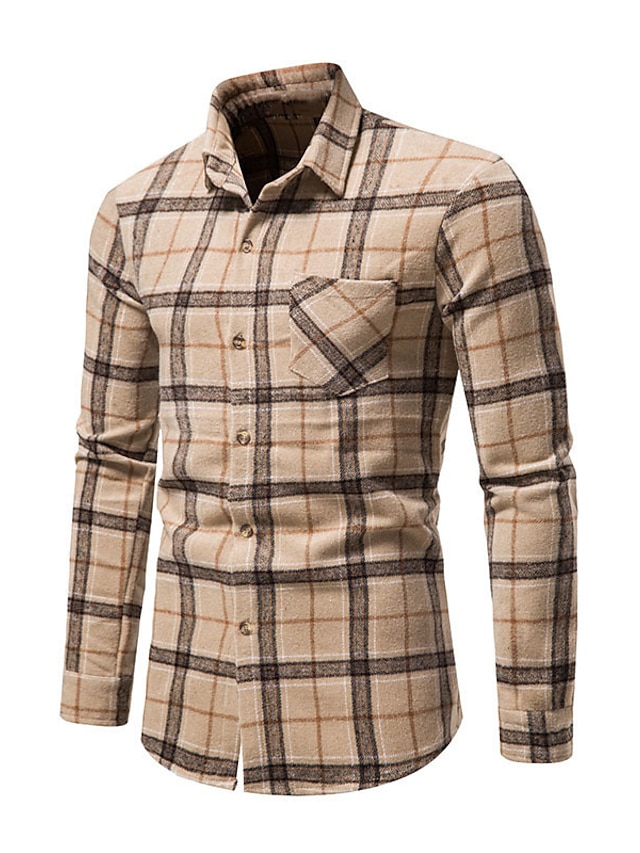  Men's Shirt Flannel Shirt Plaid Turndown Blue Light Brown Brown Long Sleeve Outdoor Street Button-Down Tops Fashion Casual Breathable Comfortable