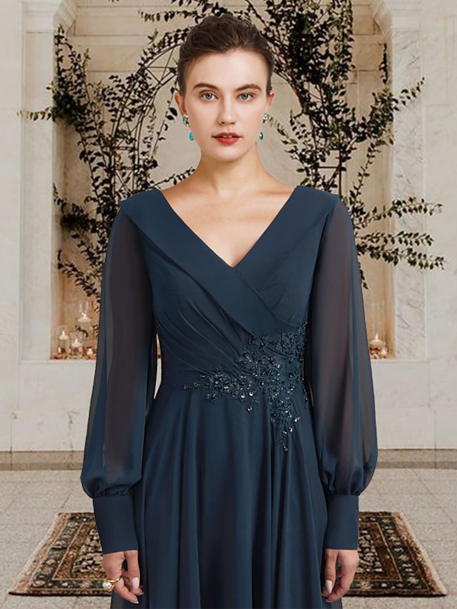 ALine Mother of the Bride Dress Plus Size Elegant V Neck Ankle Length Chiffon Lace Long Sleeve