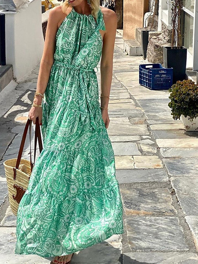 Womens Clothing Womens Dresses | Womens A Line Dress Maxi long Dress Green Blue Fuchsia Sleeveless Floral Color Gradient Backles