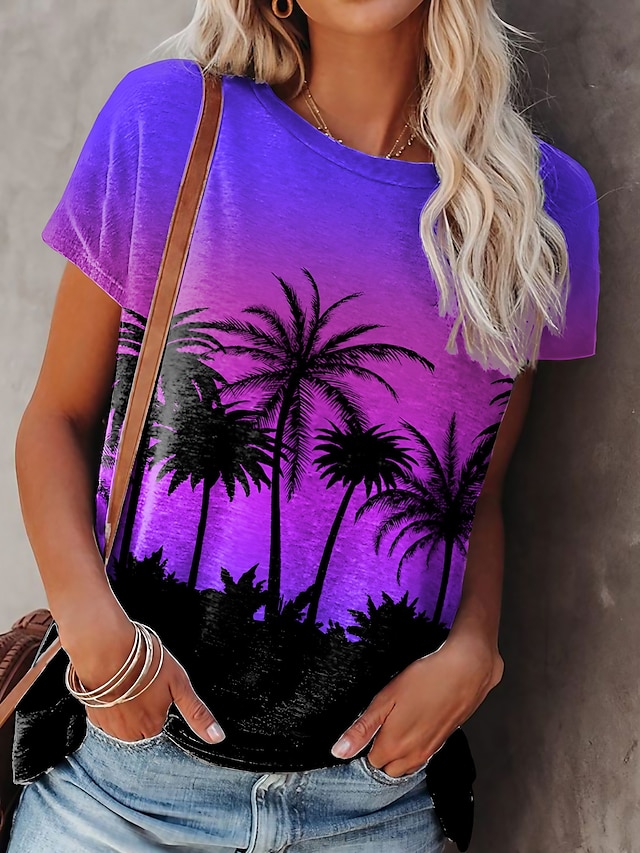  Women's T shirt Tee Plants Print Casual Holiday Going out Hawaiian Basic Holiday Short Sleeve Round Neck Purple
