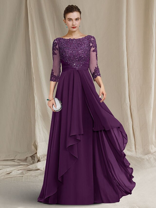 A-Line Mother of the Bride Dress Luxurious Elegant Jewel Neck Floor ...