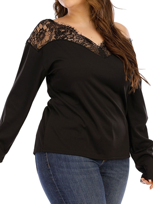 Womens Clothing Plus Size Collection | Womens Plus Size Tops T shirt Tee Plain Backless Lace Long Sleeve V Neck Streetwear Daily