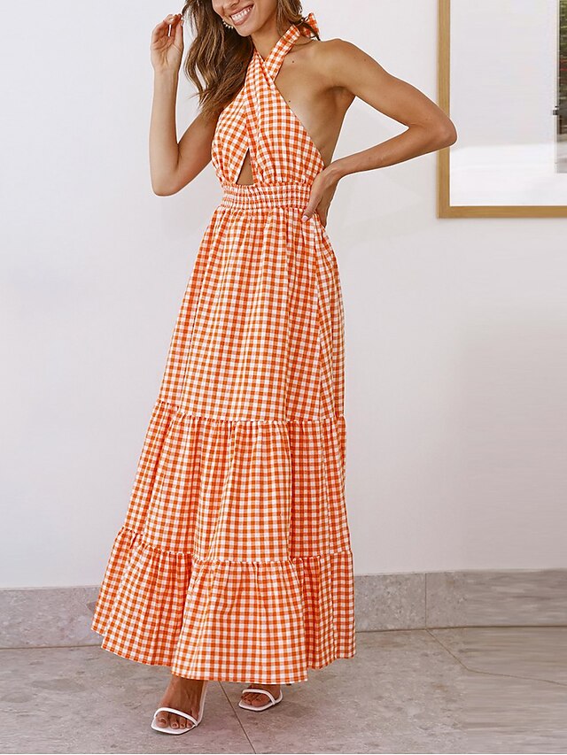 Womens Clothing Womens Dresses | Womens A Line Dress Maxi long Dress Orange Sleeveless Plaid Backless Cold Shoulder Print Summer