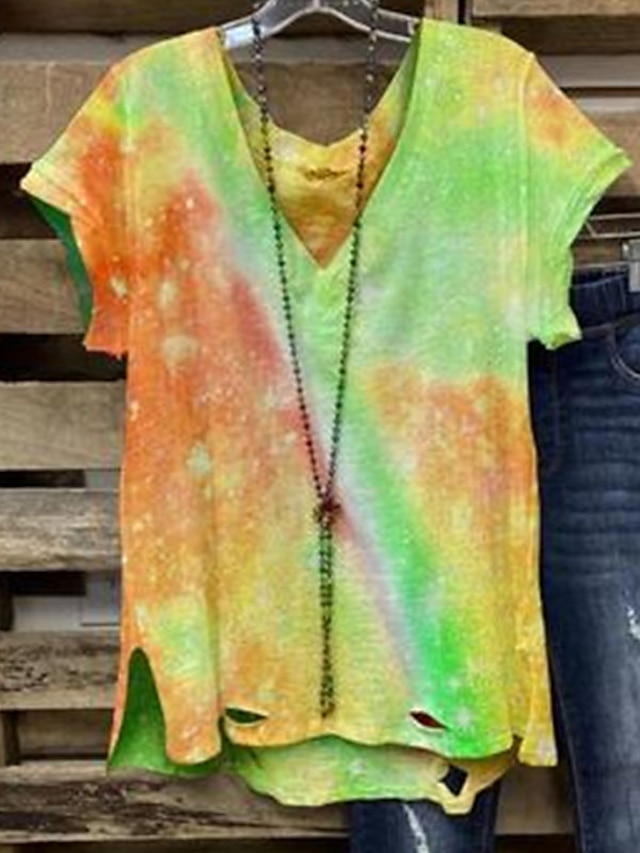 Womens Clothing Plus Size Collection | Womens Plus Size Tops T shirt Color Gradient Tie Dye Print Short Sleeve V Neck Streetwear