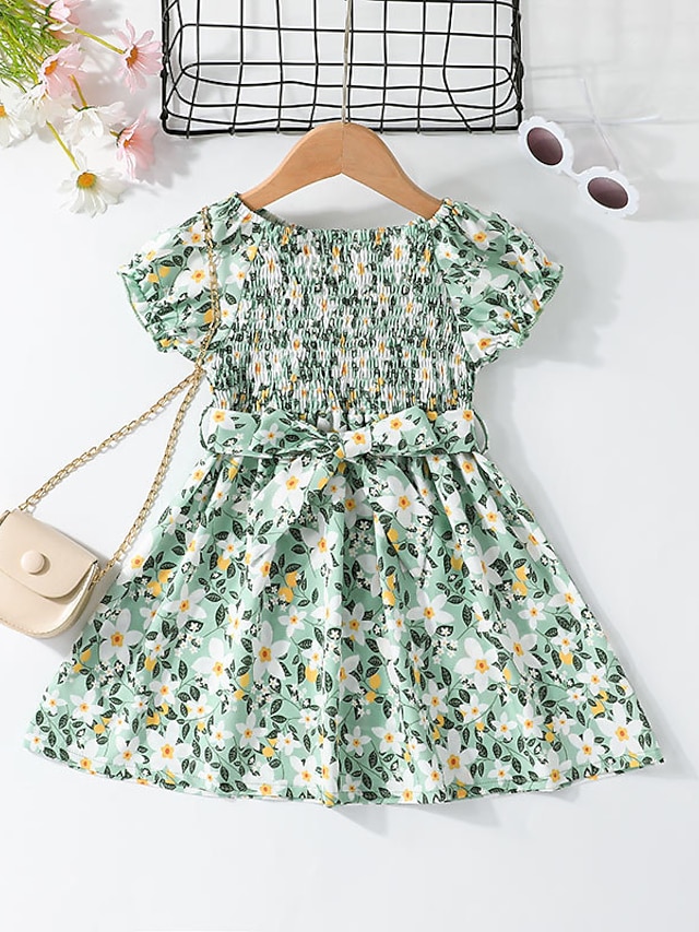 Baby & Kids Girls Clothing | Kids Little Girls Dress Flower Skater Dress Party Daily Green Knee-length Short Sleeve Princess Cut