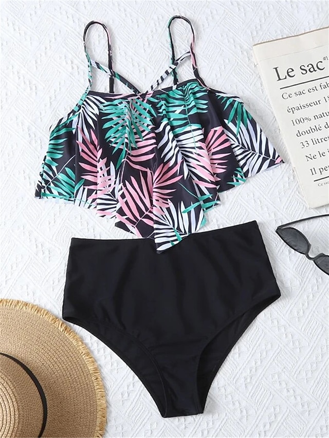 Womens Clothing Womens Swimwear | Womens Swimwear Bikini 2 Piece Normal Swimsuit Ruffle Open Back Printing High Waisted Leaf Gre