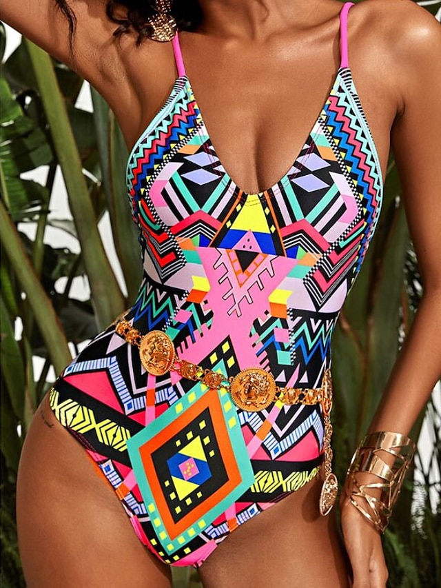 Womens Clothing Womens Swimwear | Womens Swimwear One Piece Monokini Bathing Suits Normal Swimsuit High Waisted Geometic Rainbow