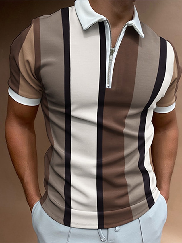 Men's Polo Shirt T shirt Tee Golf Shirt Fashion Casual Breathable Summer Short Sleeve Black / White Blue Brown Striped Print Turndown Casual Daily Zipper Print Clothing Clothes Fashion Casual
