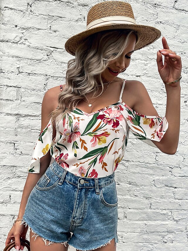 Womens Clothing Womens Tops | Womens Floral Daily Holiday Weekend Floral Blouse Shirt Short Sleeve Print V Neck Casual Streetwea