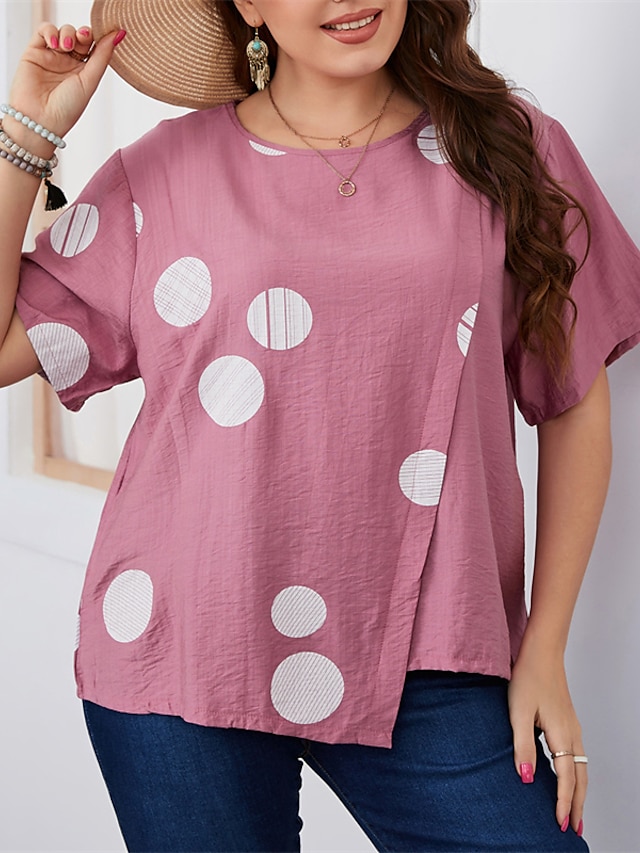 Womens Clothing Plus Size Collection | Womens Plus Size Tops T shirt Tee Polka Dot Asymmetric Print Short Sleeve Round Neck Stre