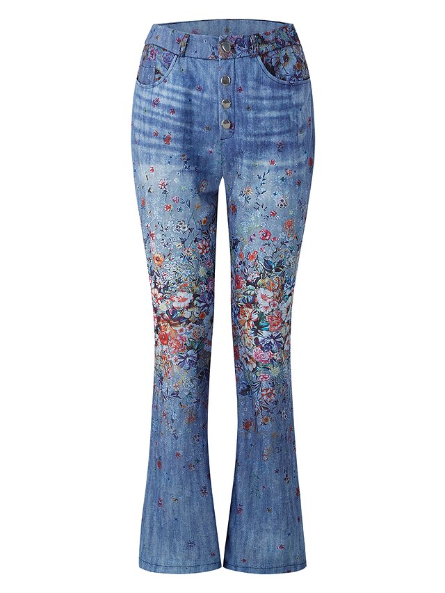 Women's Jeans Bootcut Flared Pants Full Length Faux Denim Print High ...