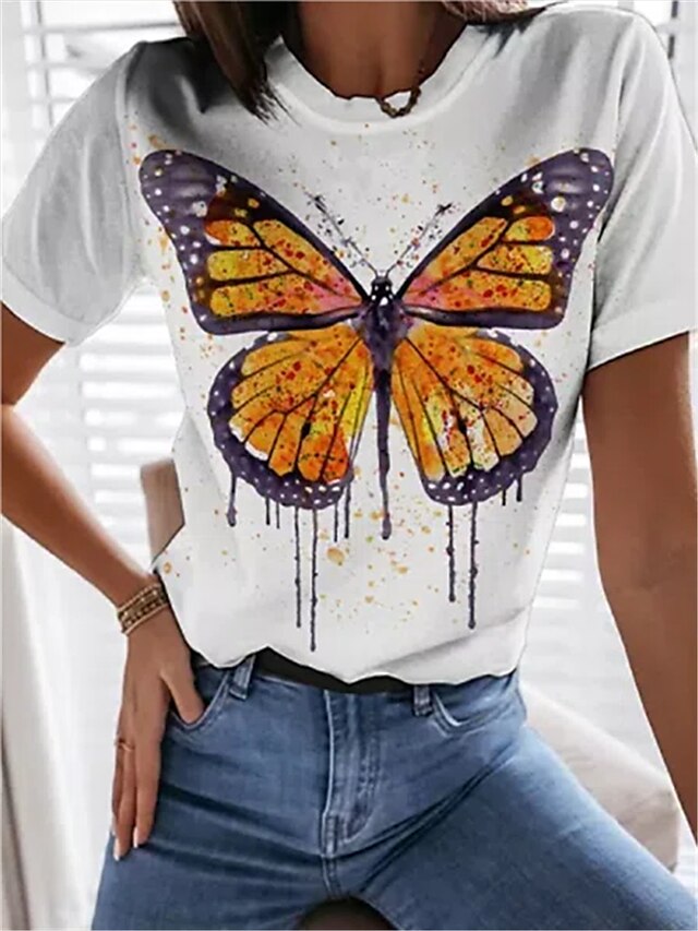 Womens Clothing Womens Tops | Womens Casual Daily Holiday Butterfly T shirt Tee Butterfly Short Sleeve Patchwork Print Round Nec