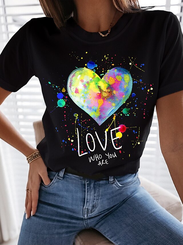  Women's T shirt Tee Heart Text Casual Valentine Weekend Painting Short Sleeve T shirt Tee Round Neck Print Basic Essential Black Blue Gray S