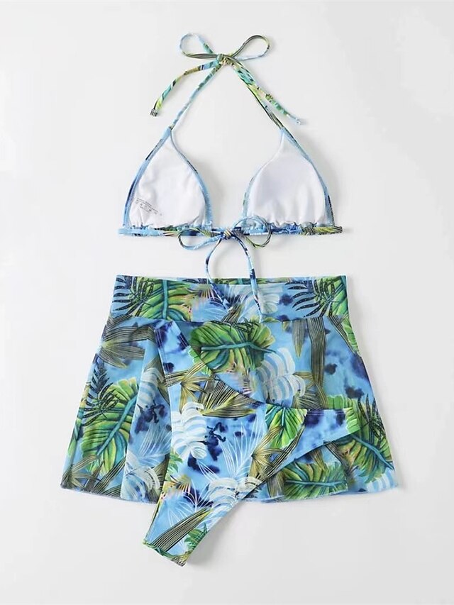 Womens Clothing Womens Swimwear | Womens Swimwear Bikini Three Piece Normal Swimsuit Open Back Printing string Leaves Blue Halte