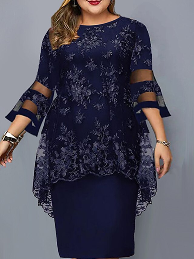 Womens Clothing Plus Size Collection | Womens A Line Dress Print Crew Neck Print 3/4 Length Sleeve Summer Stylish Casual Midi Dr