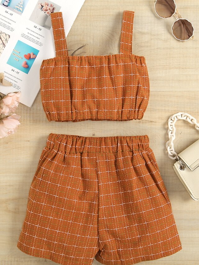 Baby & Kids Girls Clothing | Kids Girls Shorts Set Clothing Set 2 Pieces Sleeveless Brown Plaid Solid Color Backless Ruched Stre