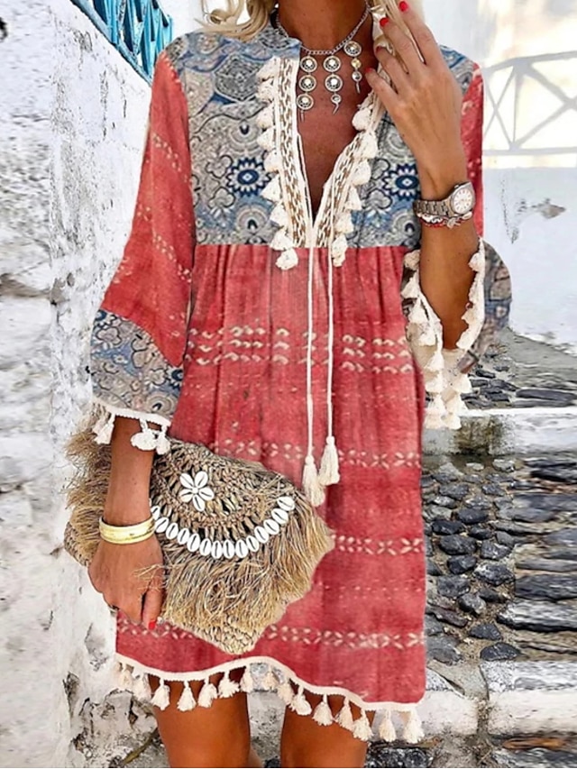  نسائي لباس غير رسمي فستان عرقي فستان قصير أحمر 3/4 الكم ألوان متناوبة مكشكش الصيف الربيع V رقبة كاجوال 2023 S M L XL XXL 3XL