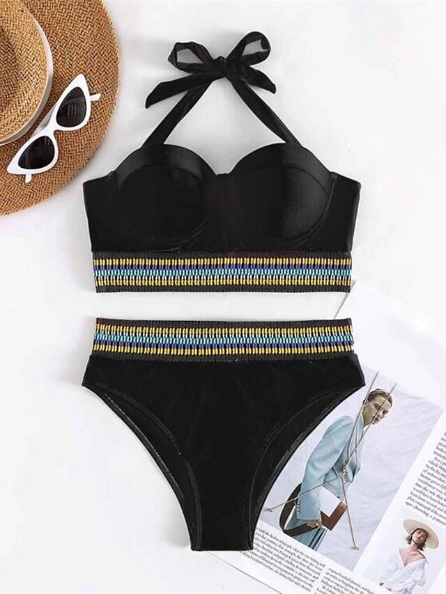 Womens Clothing Womens Swimwear | Womens Swimwear Bikini 2 Piece Normal Swimsuit Open Back Printing High Waisted Color Block Bla