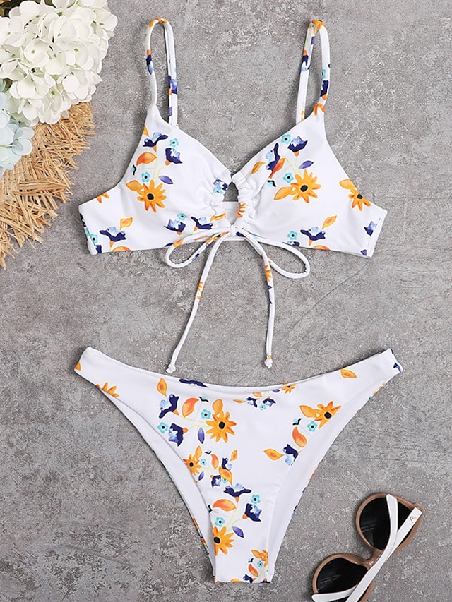 Womens Clothing Womens Swimwear | Womens Swimwear Bikini 2 Piece Normal Swimsuit Open Back Printing string Floral White Strap Ba